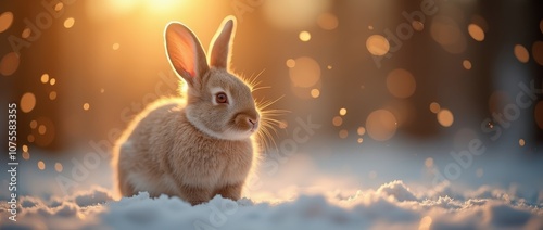 Cute rabbit on golden blurred background with bokeh effect and copy space. New Year, Christmas card with pet.