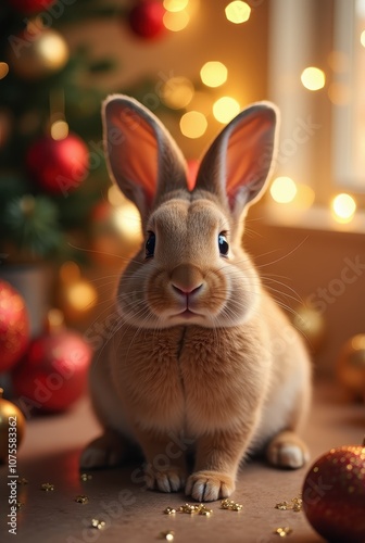 Cute rabbit on golden blurred background with bokeh effect and copy space. New Year, Christmas card with pet.