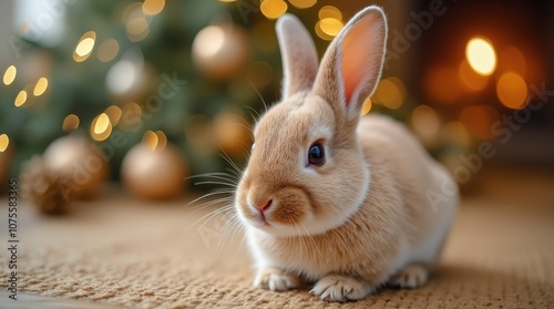 Cute rabbit on golden blurred background with bokeh effect and copy space. New Year, Christmas card with pet. photo