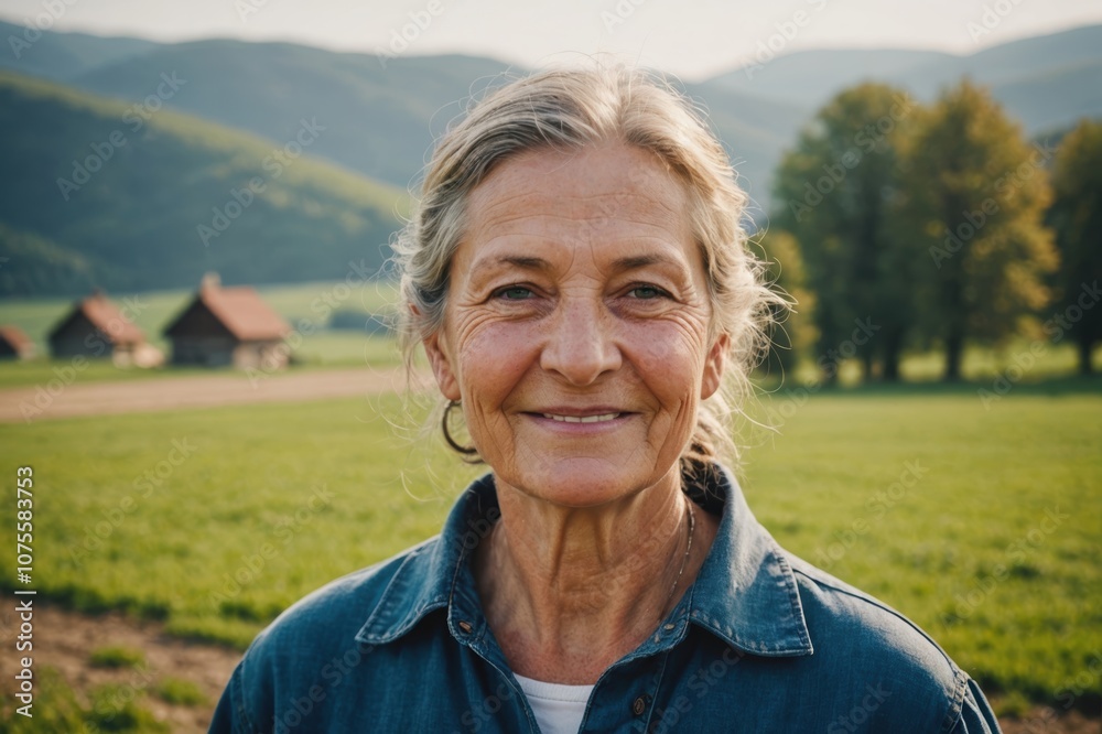 Close portrait of a smiling senior Slovak female farmer standing and looking at the camera, outdoors Slovak rural blurred background Close portrait of a smiling senior Slovak female farmer standing and looking at the camera, outdoors Slovak rural blurred background