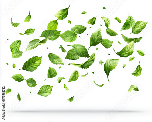 A minimalist composition featuring a simple arrangement of green leaves against a clean white background.