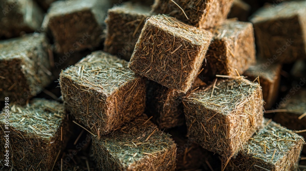Stack of compressed hay cubes arranged in a neat pile in a rustic setting Stack of compressed hay cubes arranged in a neat pile in a rustic setting