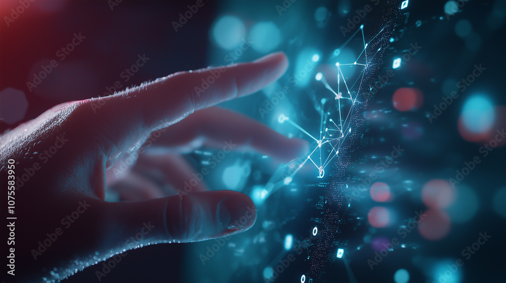 Close-up of a hand interacting with a holographic tablet interface filled with data points and AI-driven icons, highlighting the integration of artificial intelligence in data anal Close-up of a hand interacting with a holographic tablet interface filled with data points and AI-driven icons, highlighting the integration of artificial intelligence in data anal