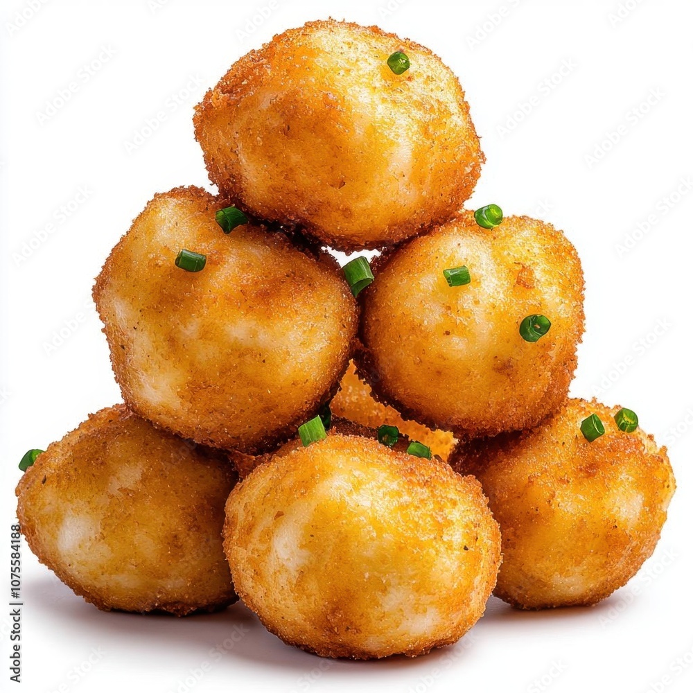 A photostock of crispy fried cheese balls, golden and appetizing, isolated on white background, High Quality A photostock of crispy fried cheese balls, golden and appetizing, isolated on white background, High Quality