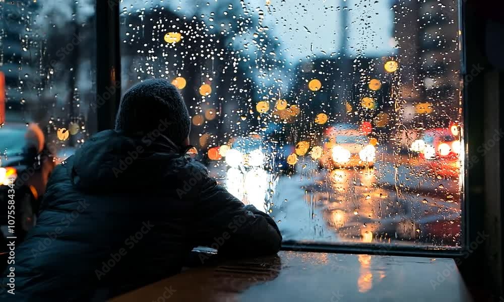 A person gazes out a rainy window, lost in thought as city lights blur in the background. A person gazes out a rainy window, lost in thought as city lights blur in the background.