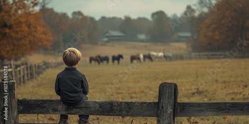 A Young Boy Sitting on a Fence Overlooking Horses in a Serene Pasture During the Fall Season in the Countryside