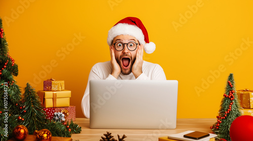 Photo of amazed santa claus sit table desk work computer impressed many wish gift list letters in house idnoors with evergreen christmas x-mas tree ornament decoration wear cap hea