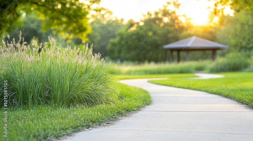 Obraz premium Tranquil park with a peaceful gazebo and winding path illuminated by a serene sunset amidst lush greenery
