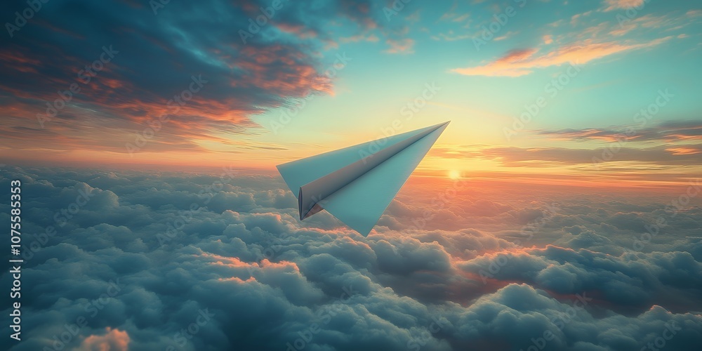A Paper Airplane Soars Through Pastel Clouds at Sunset, Capturing the Essence of Dreams and Imagination in a Tranquil Sky Filled With Warm Colors A Paper Airplane Soars Through Pastel Clouds at Sunset, Capturing the Essence of Dreams and Imagination in a Tranquil Sky Filled With Warm Colors