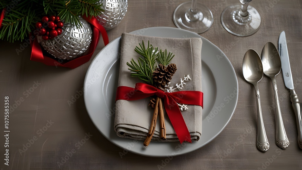 Holiday Table Setting with Red Napkin, Pine Cones, and Candlelight for a Warm and Inviting Christmas Scene, Christmas dinner concept. Christmas plate on the table. Festive Xmas background Holiday Table Setting with Red Napkin, Pine Cones, and Candlelight for a Warm and Inviting Christmas Scene, Christmas dinner concept. Christmas plate on the table. Festive Xmas background