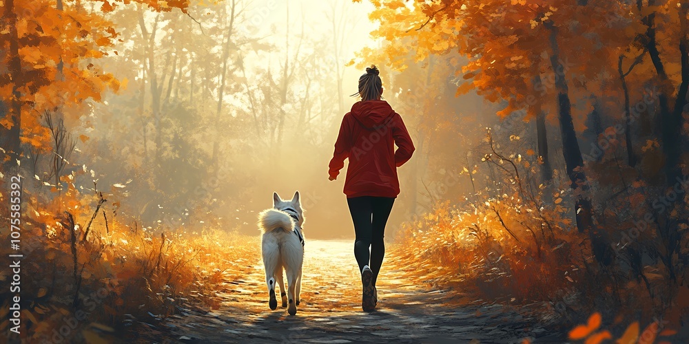 Fototapeta premium A Person Walks Their Dog Along a Tranquil Autumn Trail Surrounded by Vibrant Foliage During the Golden Hour of Early Evening