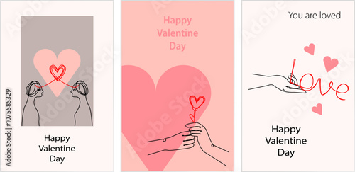 Happy valentines with hearts lines set