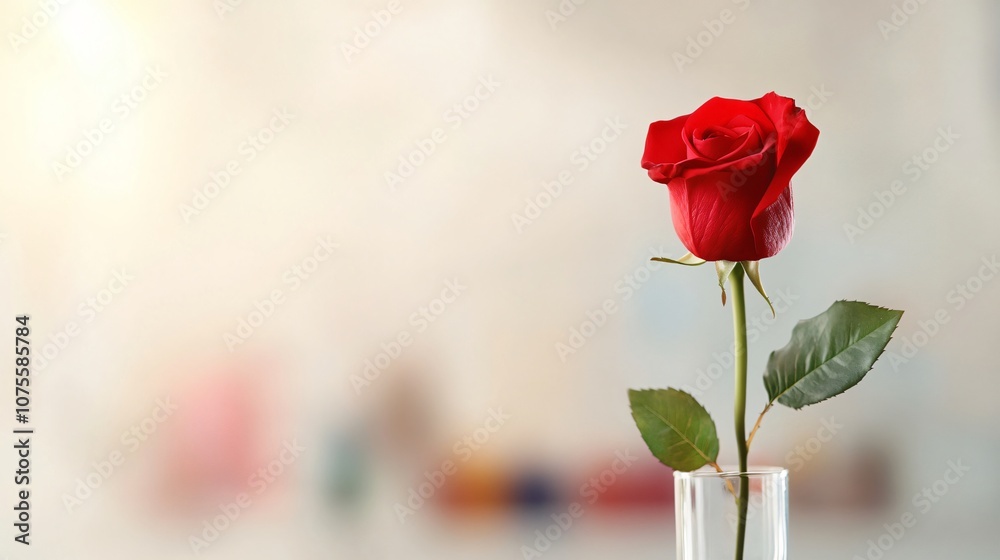 Fototapeta premium Stunning red rose in a glass vase, ideal for romantic occasions like valentine's day