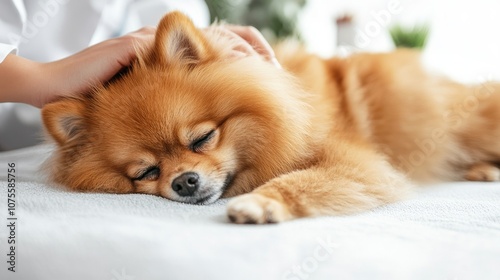 Veterinarian massaging a pomeranian dog during a physiotherapy session