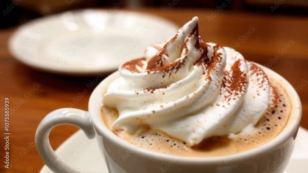 Close-up of Viennese coffee, topped with a generous swirl of whipped cream and a dusting of cocoa powder, set against the elegant backdrop of a luxurious café table with fine china. Close-up of Viennese coffee, topped with a generous swirl of whipped cream and a dusting of cocoa powder, set against the elegant backdrop of a luxurious café table with fine china.