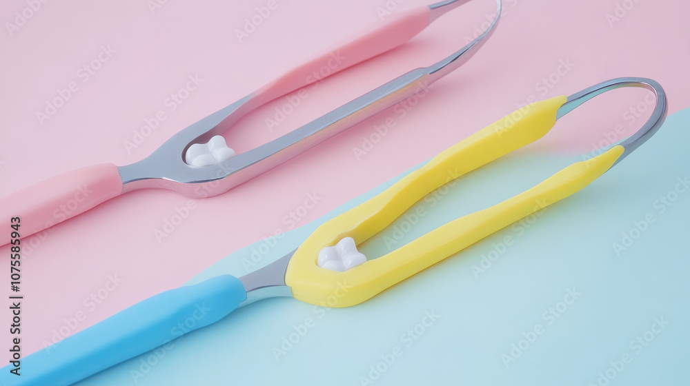 A high-quality photo depicting a row of teeth alongside forceps for tooth extraction, set against a pastel background. This image symbolizes oral health problems and the work of a dentist, A high-quality photo depicting a row of teeth alongside forceps for tooth extraction, set against a pastel background. This image symbolizes oral health problems and the work of a dentist,