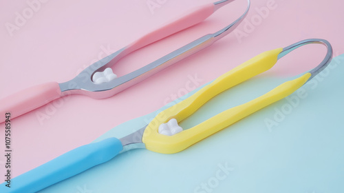 A high-quality photo depicting a row of teeth alongside forceps for tooth extraction, set against a pastel background. This image symbolizes oral health problems and the work of a dentist,