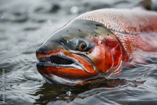 Cutthroat trout is opening its mouth while emerging from the water