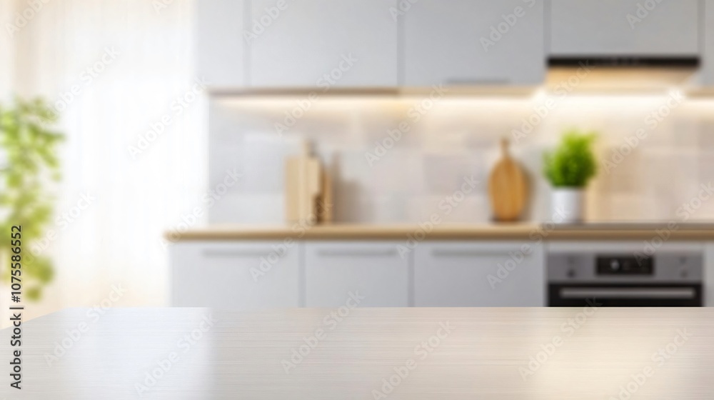 Blurred modern kitchen background with empty wooden tabletop, ideal for product display montage Blurred modern kitchen background with empty wooden tabletop, ideal for product display montage
