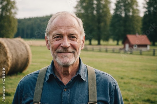 Close portrait of a smiling senior Swedish male farmer standing and looking at the camera, outdoors Swedish rural blurred background