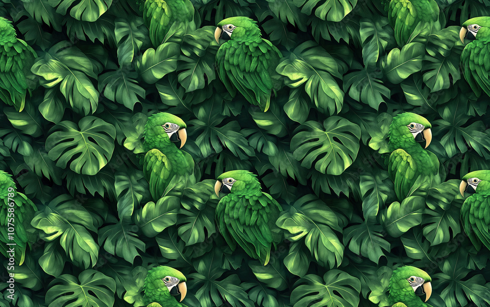 Lush green foliage with hidden parrots creates a vibrant, tropical jungle scene, perfect for nature lovers and wildlife enthusiasts. Seamless pattern Lush green foliage with hidden parrots creates a vibrant, tropical jungle scene, perfect for nature lovers and wildlife enthusiasts. Seamless pattern