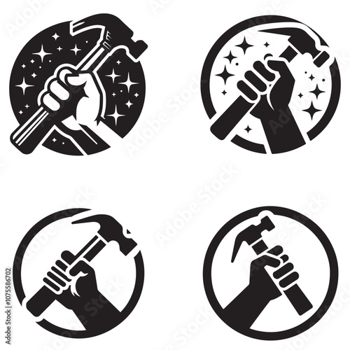 Black Hand Holding Hammer Icon Set on white background