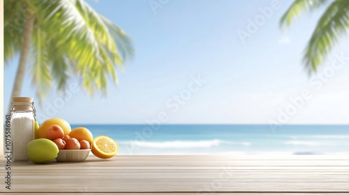 Fototapeta Naklejka Na Ścianę i Meble -  Wooden table with fresh citrus fruits overlooking a beautiful tropical beach with palm trees and blue sky