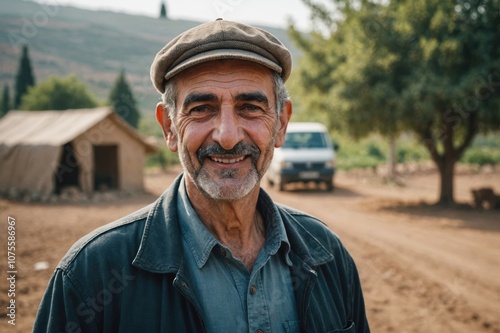 Close portrait of a smiling senior Syrian male farmer standing and looking at the camera, outdoors Syrian rural blurred background