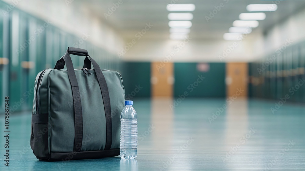 Obraz premium Prepared for pe class: gym bag and water bottle in school locker room corridor