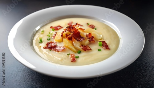  Creamy Irish potato soup made with potatoes, leeks, onions, and crispy bacon served hot in _1(1074) photo