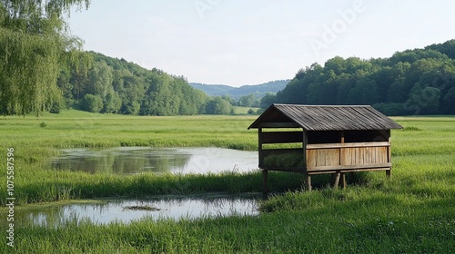 Wooden bird feeder overlooking a pond and grassy field.