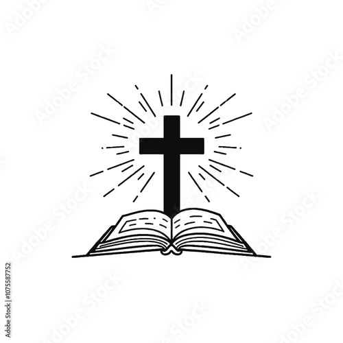 A black cross on an open book with rays of light emanating from behind it, representing a religious or spiritual symbol