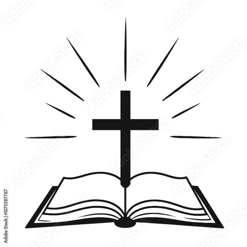 A black cross on an open book with rays of light emanating from behind it, representing a religious or spiritual symbol