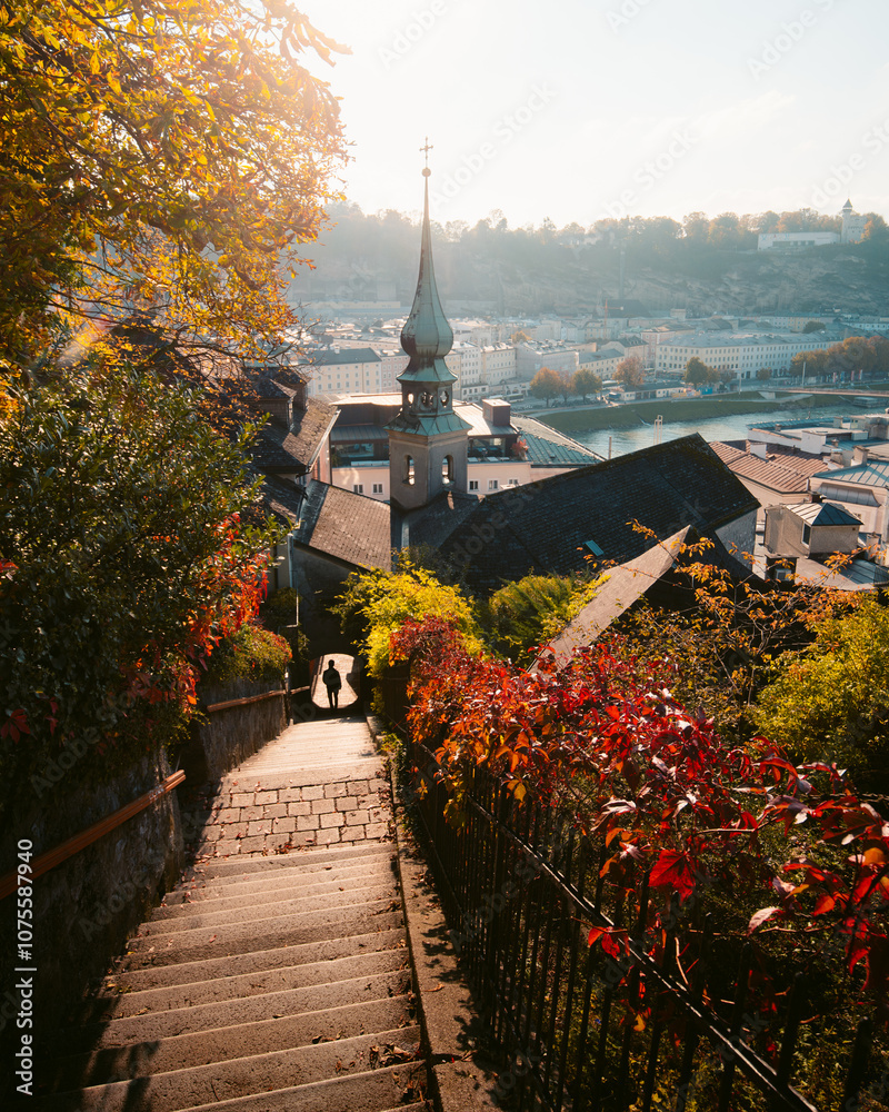 Salzburg historic town with stairs at sunset, Salzburg Land, Austria