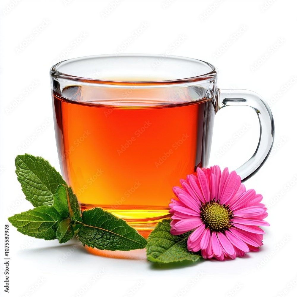 A photostock of herbal tea with flower petals, ideal for relaxation or wellness themes, isolated on white background, High Quality A photostock of herbal tea with flower petals, ideal for relaxation or wellness themes, isolated on white background, High Quality
