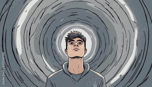 Infinity inner world concept, young man in tunnel with white shades, png photo