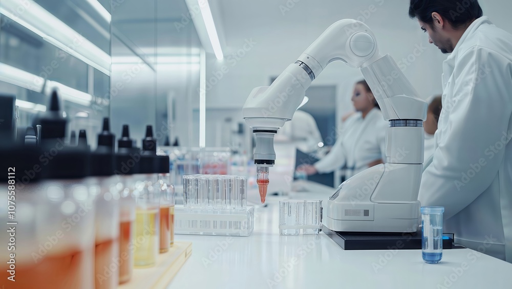 Cobot in Laboratory. A collaborative robot (cobot) is working in a modern laboratory, handling test tubes and liquids, with scientists in the background. Cobot in Laboratory. A collaborative robot (cobot) is working in a modern laboratory, handling test tubes and liquids, with scientists in the background.