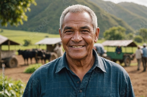 Close portrait of a smiling senior Tongan male farmer standing and looking at the camera, outdoors Tongan rural blurred background