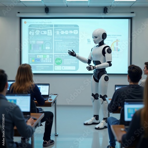 Robot teaching a class. A humanoid robot giving a presentation to students in a classroom, depicting the future of education.