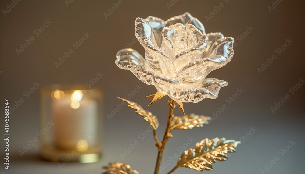 Elegant glass rose with golden leaves next to a burning candle in soft light for decor. Perfect decoration for a love encounter Elegant glass rose with golden leaves next to a burning candle in soft light for decor. Perfect decoration for a love encounter