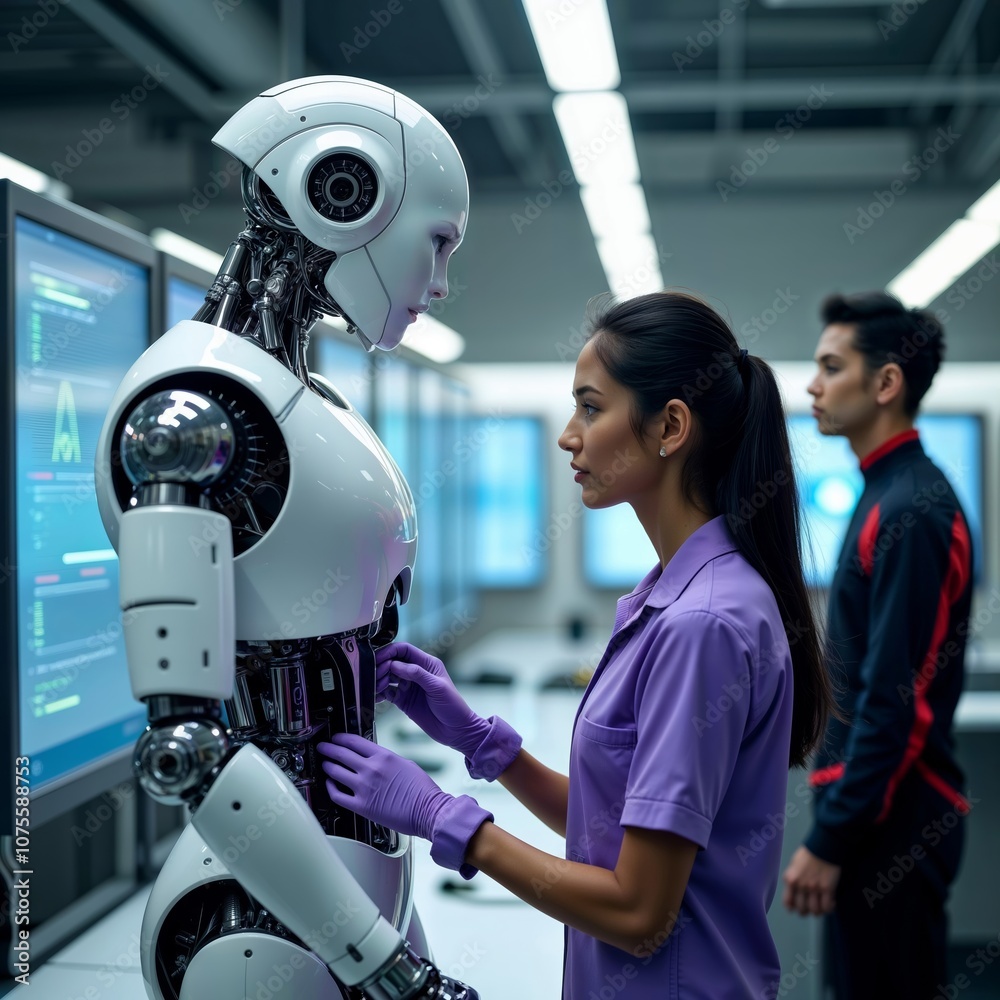 Fototapeta premium Robotics engineer working with ai. A female engineer examines a humanoid robot in a high-tech lab.