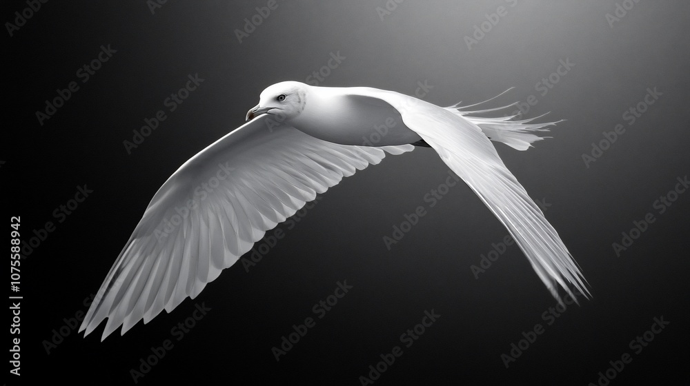 Obraz premium A white seagull in flight against a dark background.