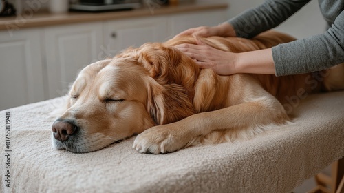 Veterinarian performing relaxing massage on golden retriever dog