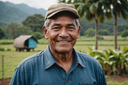 Close portrait of a smiling senior Tuvaluan male farmer standing and looking at the camera, outdoors Tuvaluan rural blurred background