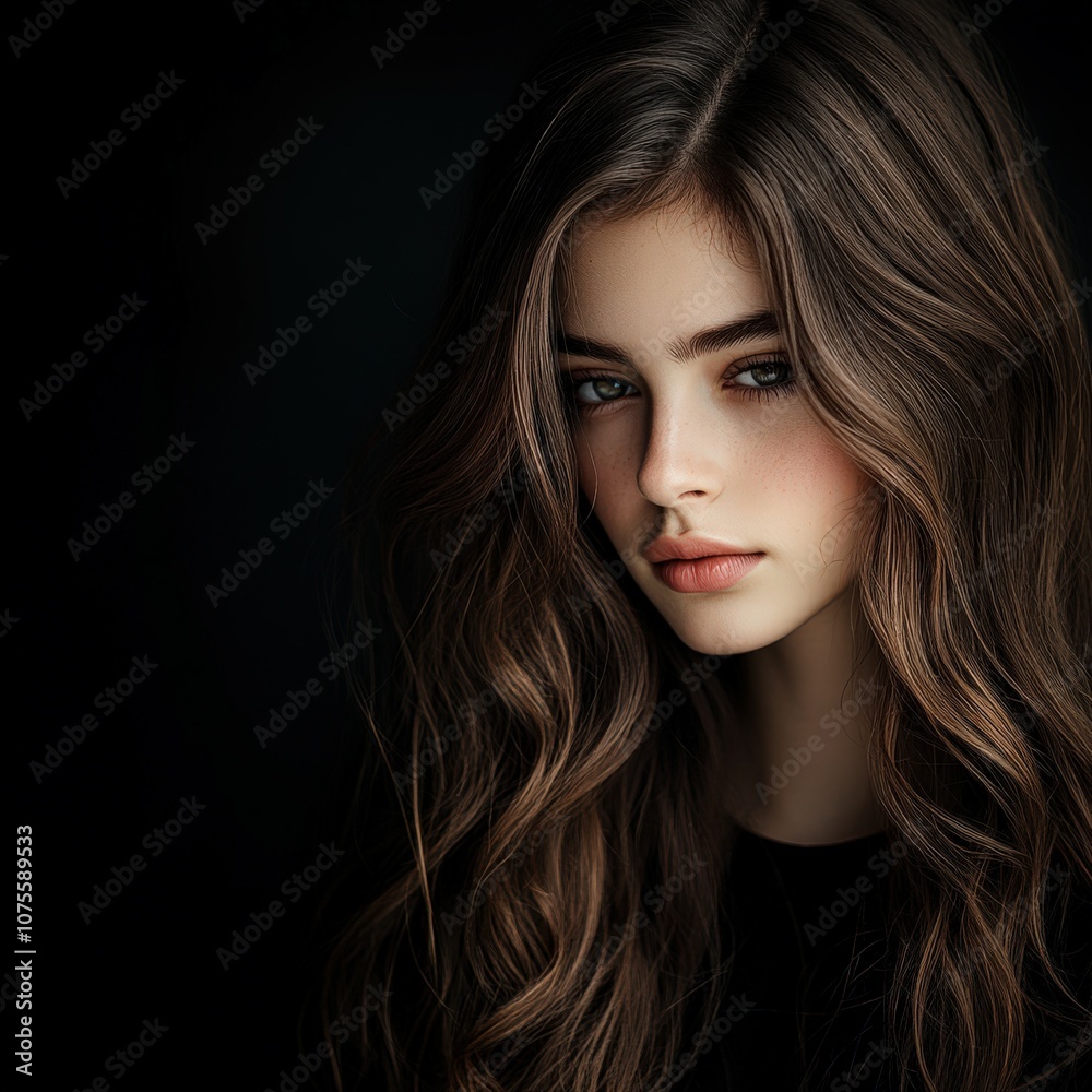 Fototapeta premium A young woman with long, wavy hair poses against a dark background
