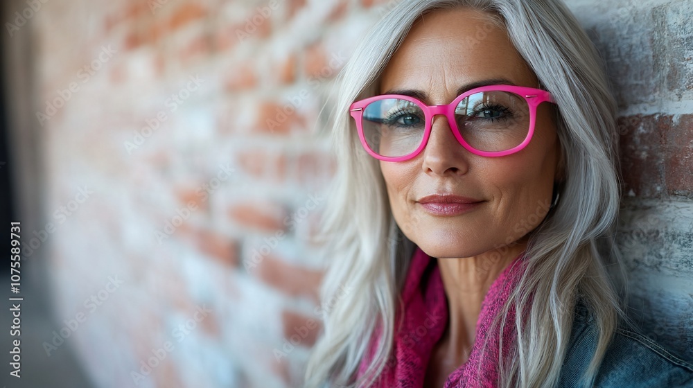 Portrait of a confident woman in pink glasses leaning against a brick wall. Portrait of a confident woman in pink glasses leaning against a brick wall.