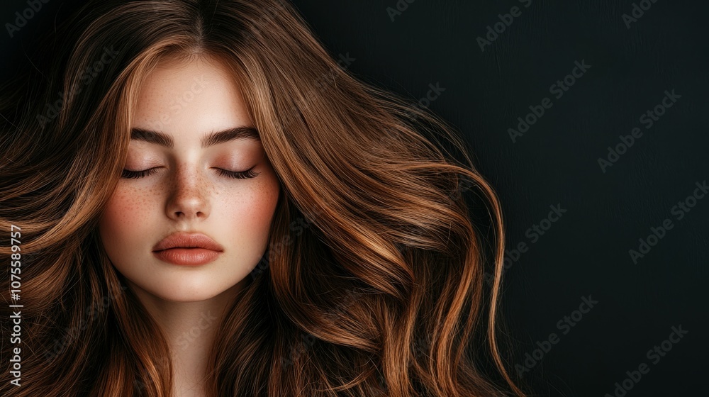 Young woman with long flowing hair poses against a dark background