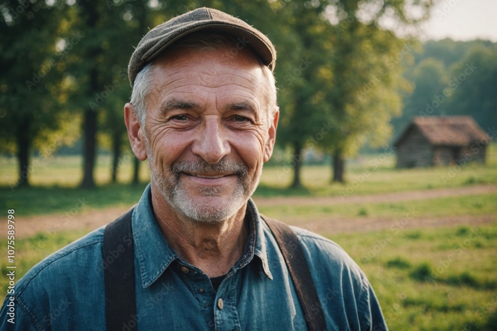 Close portrait of a smiling senior Ukrainian male farmer standing and looking at the camera, outdoors Ukrainian rural blurred background Close portrait of a smiling senior Ukrainian male farmer standing and looking at the camera, outdoors Ukrainian rural blurred background