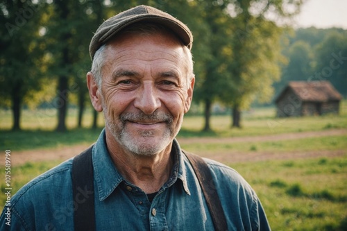 Close portrait of a smiling senior Ukrainian male farmer standing and looking at the camera, outdoors Ukrainian rural blurred background