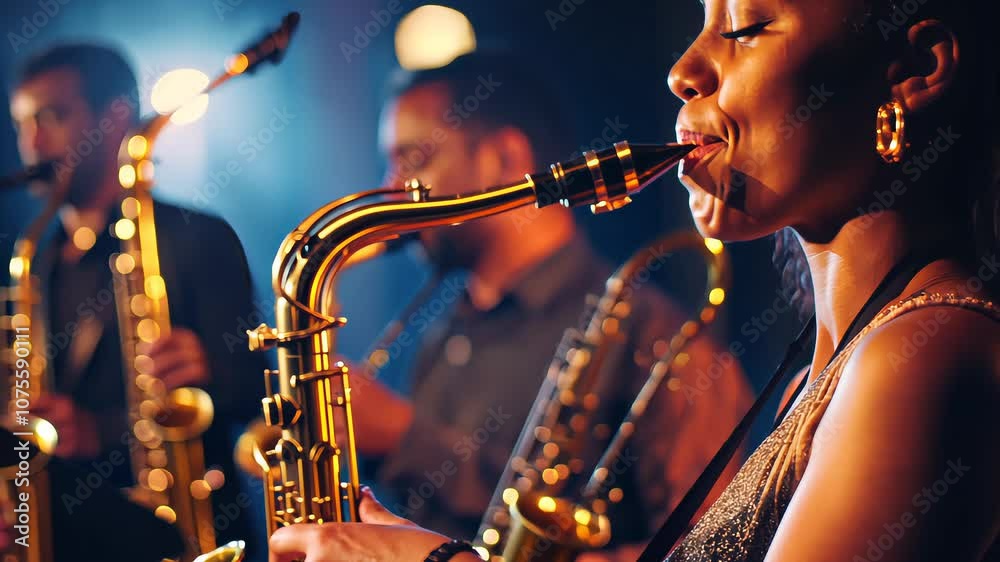 Jazz band playing musical instruments with a female vocalist singing, minimal background focusing on the performance.